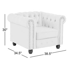 Tufted Club Chair in Beige Linen Blend with Black Wood Legs