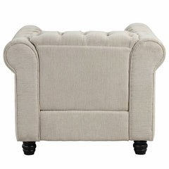 Tufted Club Chair in Beige Linen Blend with Black Wood Legs