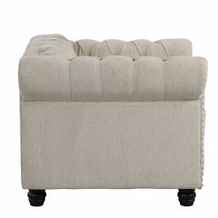 Tufted Club Chair in Beige Linen Blend with Black Wood Legs