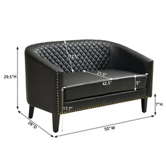 Tufted Loveseat, Black Faux Leather with Natural Wood Legs