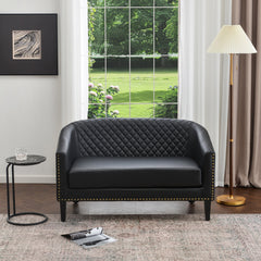 Tufted Loveseat, Black Faux Leather with Natural Wood Legs