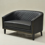Tufted Loveseat, Black Faux Leather with Natural Wood Legs