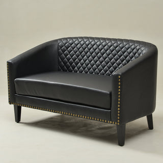 Tufted Loveseat, Black Faux Leather with Natural Wood Legs