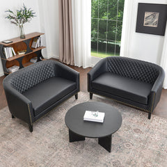 Tufted Loveseat, Black Faux Leather with Natural Wood Legs