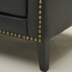 Tufted Loveseat, Black Faux Leather with Natural Wood Legs