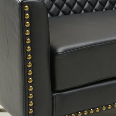 Tufted Loveseat, Black Faux Leather with Natural Wood Legs