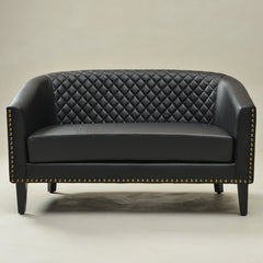 Tufted Loveseat, Black Faux Leather with Natural Wood Legs