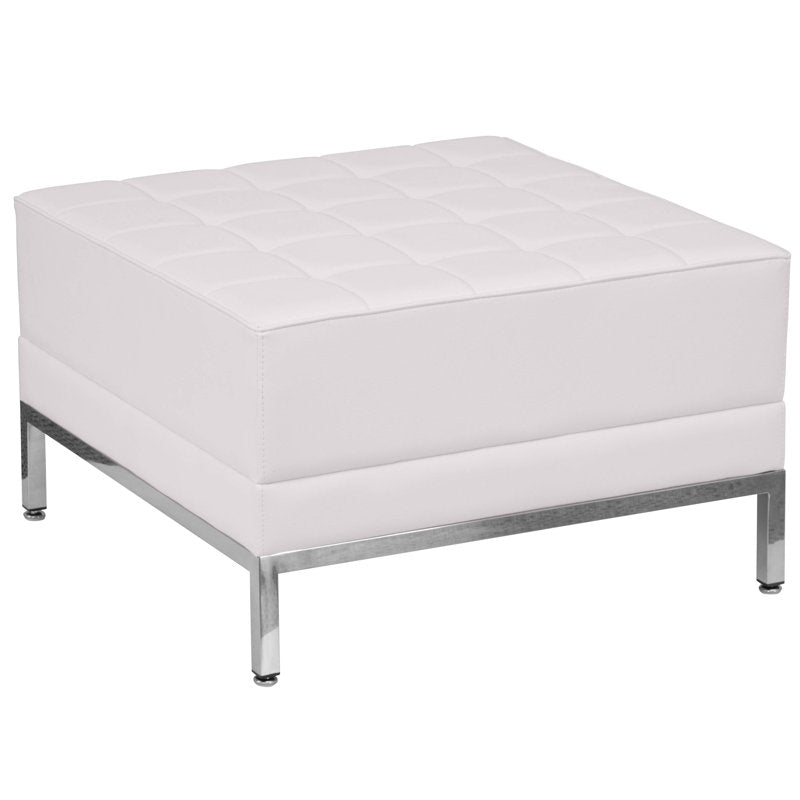 Tufted Ottoman, 28 in Square, White Faux Leather with Gray Metal Legs