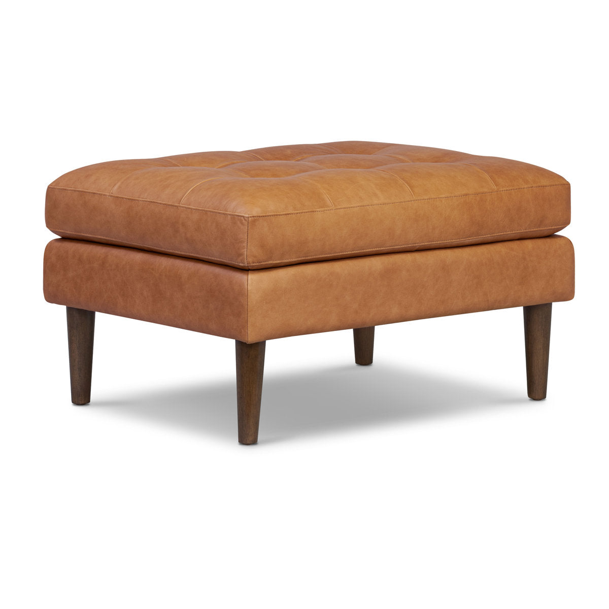 Tufted Ottoman, 35 in W, Cognac Tan Full Grain Leather with Mahogany Legs