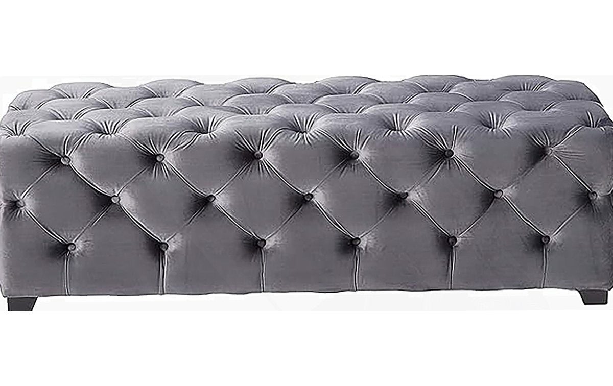 Tufted Ottoman, 50.75 Inch Wide, Gray Velvet with Black Wood Legs