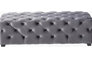 Tufted Ottoman, 50.75 Inch Wide, Gray Velvet with Black Wood Legs