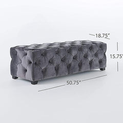 Tufted Ottoman, 50.75 Inch Wide, Gray Velvet with Black Wood Legs