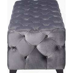 Tufted Ottoman, 50.75 Inch Wide, Gray Velvet with Black Wood Legs