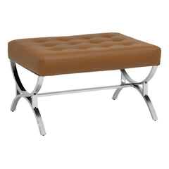Tufted Ottoman, Caramel Brown Faux Leather with Chrome Legs