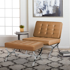 Tufted Ottoman, Caramel Brown Faux Leather with Chrome Legs