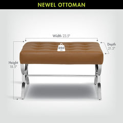 Tufted Ottoman, Caramel Brown Faux Leather with Chrome Legs