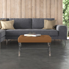 Tufted Ottoman, Caramel Brown Faux Leather with Chrome Legs