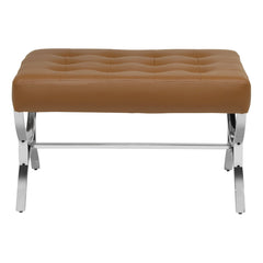 Tufted Ottoman, Caramel Brown Faux Leather with Chrome Legs