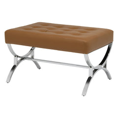 Tufted Ottoman, Caramel Brown Faux Leather with Chrome Legs