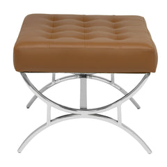 Tufted Ottoman, Caramel Brown Faux Leather with Chrome Legs