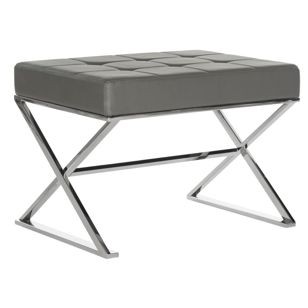 Tufted Ottoman in Gray Faux Leather with Chrome Steel Base