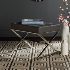 Tufted Ottoman in Gray Faux Leather with Chrome Steel Base