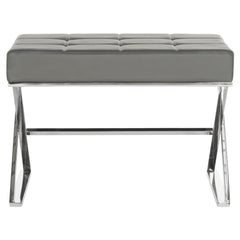 Tufted Ottoman in Gray Faux Leather with Chrome Steel Base