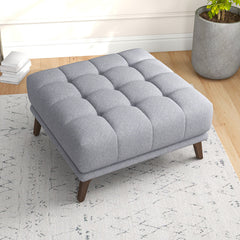 Tufted Ottoman, Square, Light Gray Fabric with Brown Wood Legs