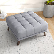 Tufted Ottoman, Square, Light Gray Fabric with Brown Wood Legs