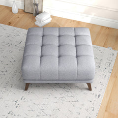 Tufted Ottoman, Square, Light Gray Fabric with Brown Wood Legs