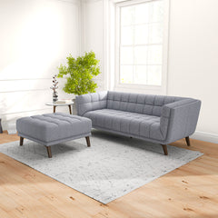 Tufted Ottoman, Square, Light Gray Fabric with Brown Wood Legs