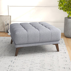 Tufted Ottoman, Square, Light Gray Fabric with Brown Wood Legs