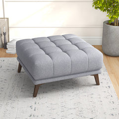 Tufted Ottoman, Square, Light Gray Fabric with Brown Wood Legs