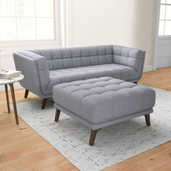 Tufted Ottoman, Square, Light Gray Fabric with Brown Wood Legs