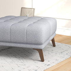 Tufted Ottoman, Square, Light Gray Fabric with Brown Wood Legs