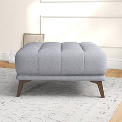 Tufted Ottoman, Square, Light Gray Fabric with Brown Wood Legs