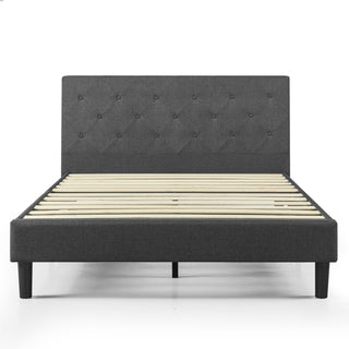 Tufted Platform Bed, King, Dark Gray Polyester with Wood Slats