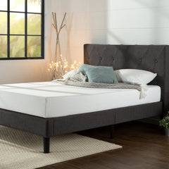Tufted Platform Bed, King, Dark Gray Polyester with Wood Slats
