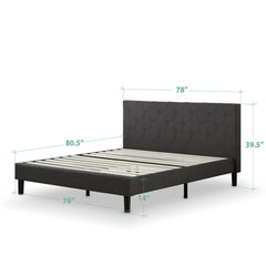 Tufted Platform Bed, King, Dark Gray Polyester with Wood Slats