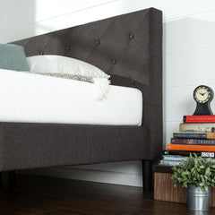 Tufted Platform Bed, King, Dark Gray Polyester with Wood Slats