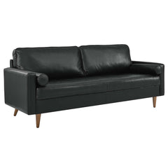 Tufted Sofa, Top Grain Leather, Black, Square Arms, Solid Wood Legs