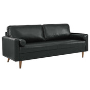 Tufted Sofa, Top Grain Leather, Black, Square Arms, Solid Wood Legs