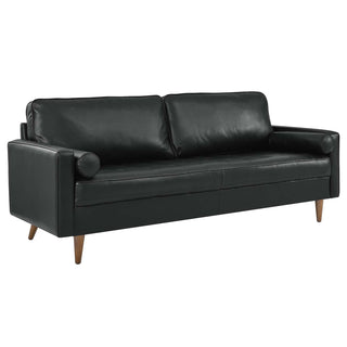 Tufted Sofa, Top Grain Leather, Black, Square Arms, Solid Wood Legs