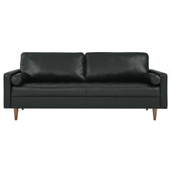 Tufted Sofa, Top Grain Leather, Black, Square Arms, Solid Wood Legs