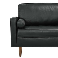 Tufted Sofa, Top Grain Leather, Black, Square Arms, Solid Wood Legs