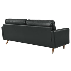 Tufted Sofa, Top Grain Leather, Black, Square Arms, Solid Wood Legs