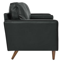 Tufted Sofa, Top Grain Leather, Black, Square Arms, Solid Wood Legs