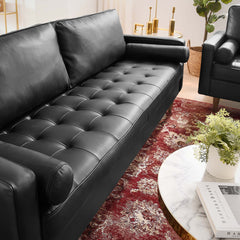 Tufted Sofa, Top Grain Leather, Black, Square Arms, Solid Wood Legs