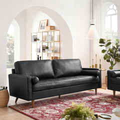 Tufted Sofa, Top Grain Leather, Black, Square Arms, Solid Wood Legs
