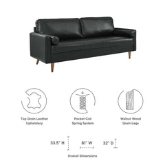 Tufted Sofa, Top Grain Leather, Black, Square Arms, Solid Wood Legs